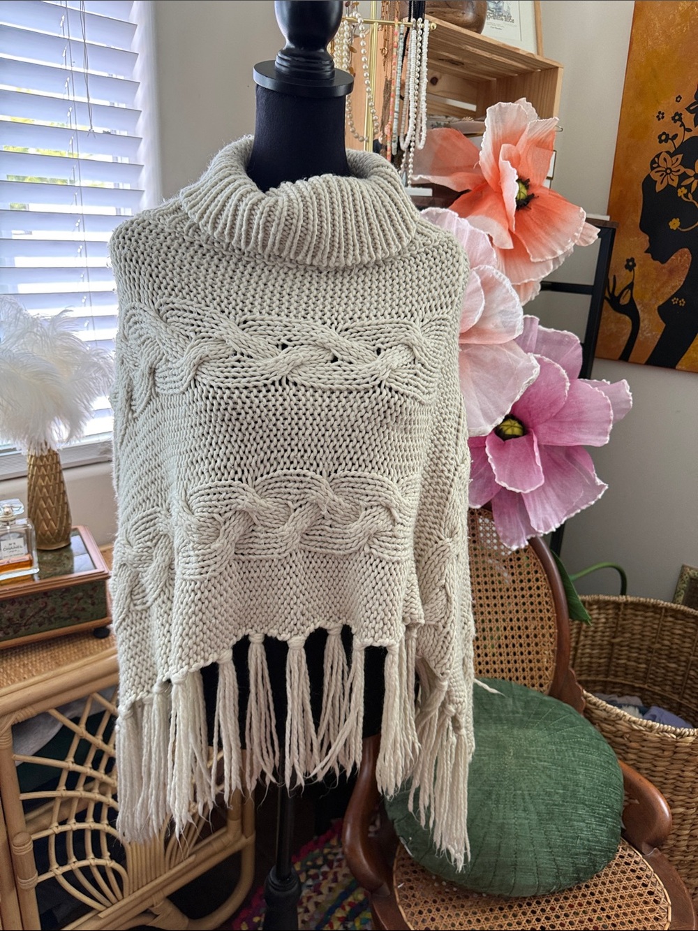 C&A Clockhouse Limited Edition Boho Hippie Cable Knit Fringe Turtleneck Poncho
